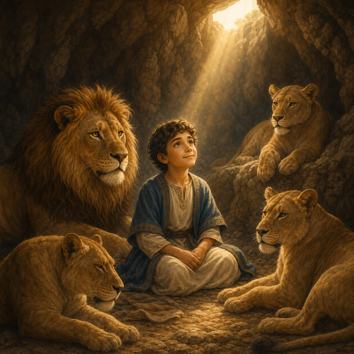 Storybook artwork of Daniel resting safely with calm lions