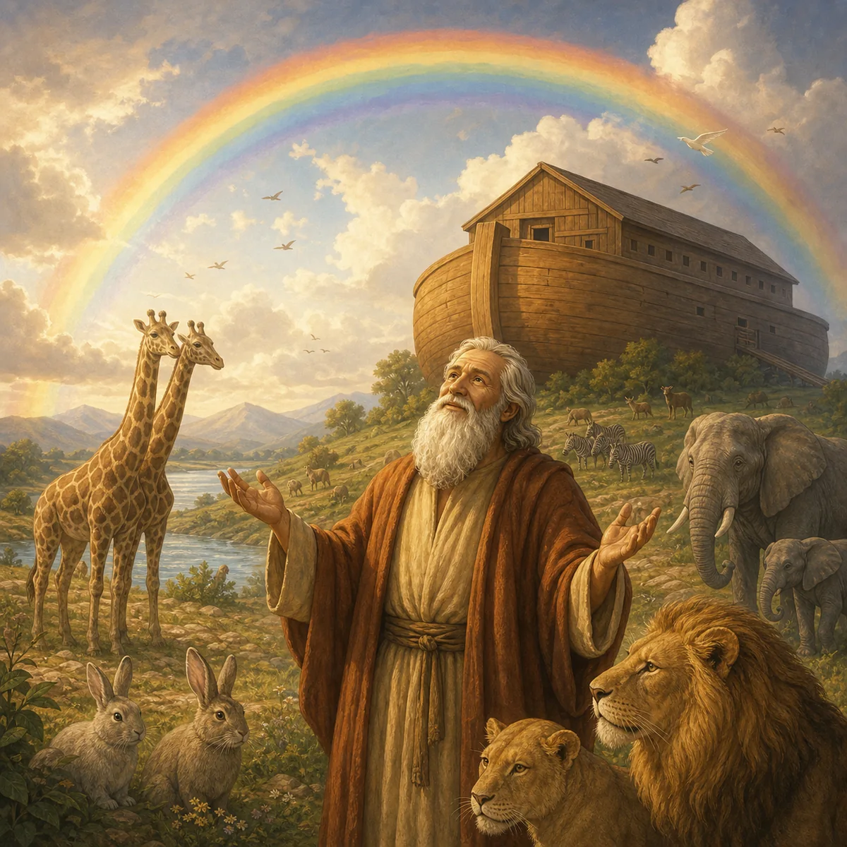Storybook artwork of Noah, the ark, animals, and a rainbow