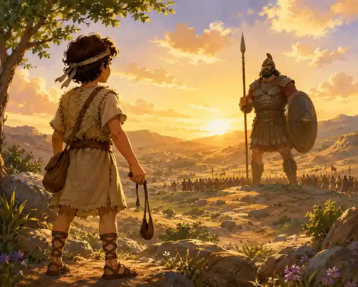 David standing bravely before Goliath in storybook artwork
