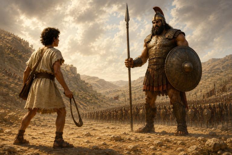 Warm child-friendly illustration for David and Goliath, a Bible story about courage featuring David