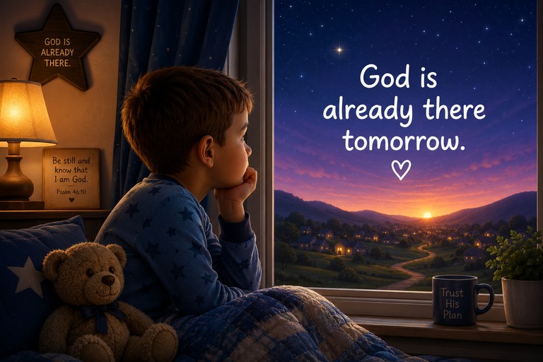 Warm child-friendly illustration for God Is Already There Tomorrow, a Bible story about Trust featuring Jesus