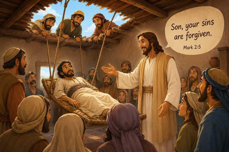 Warm child-friendly illustration for Jesus Heals and Forgives, featuring Jesus and the man lowered through the roof