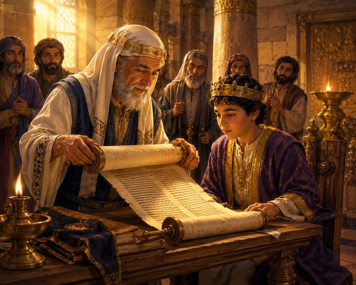 King Josiah discovering God's Word while the temple is being repaired