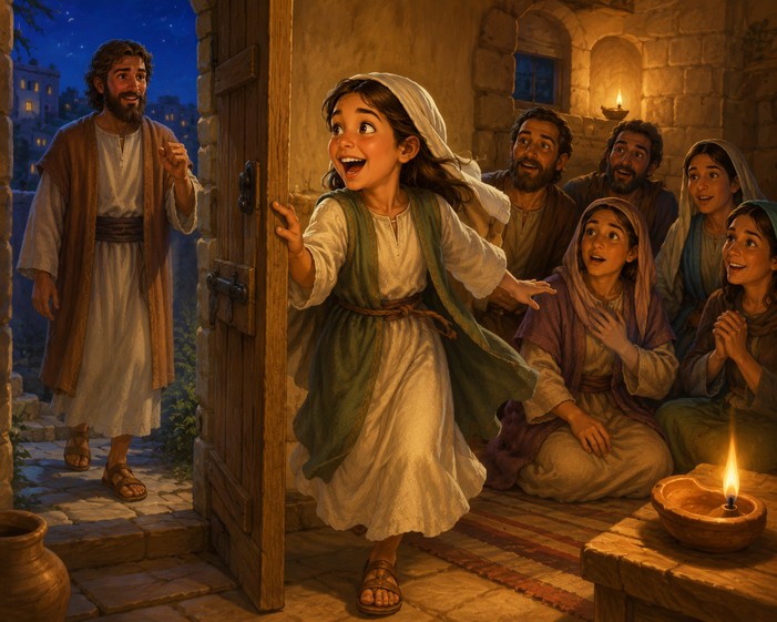 Warm child-friendly illustration for Rhoda Forgets to Open the Door, a Bible story about Joy featuring Rhoda
