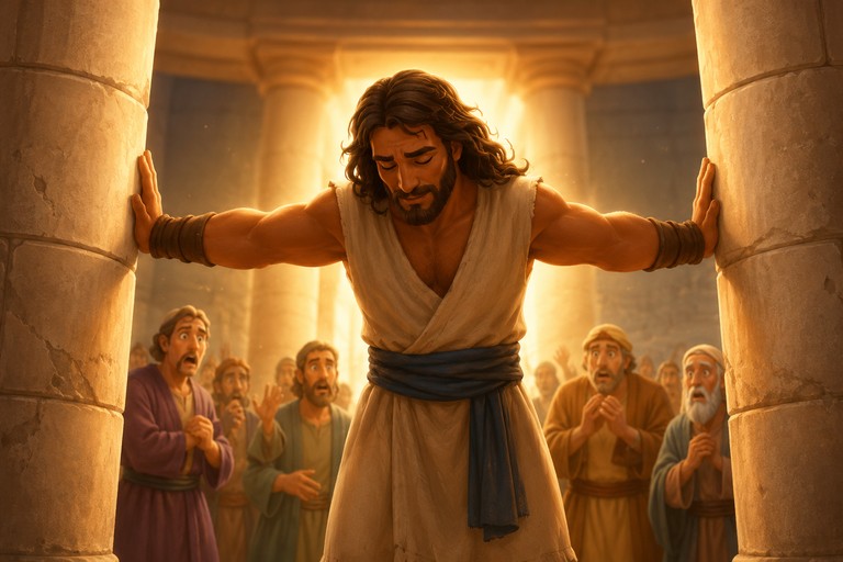 Warm child-friendly illustration for Samson Pushes the Pillars, a Bible story about Strength featuring Samson