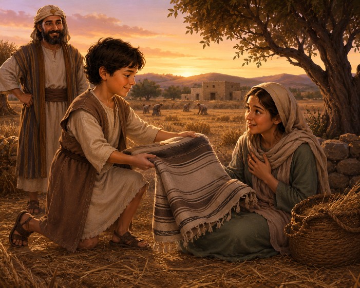 Warm child-friendly illustration for The Boy Who Shared His Blanket, a Bible story about Compassion featuring Boaz