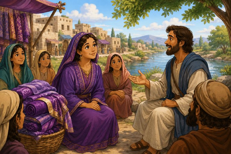 Warm child-friendly illustration for The Kindest Welcome, a Bible story about hospitality featuring Lydia