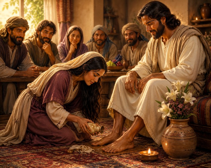 Warm child-friendly illustration for The Little Gift That Filled the Room, a Bible story about Generosity featuring Mary of Bethany