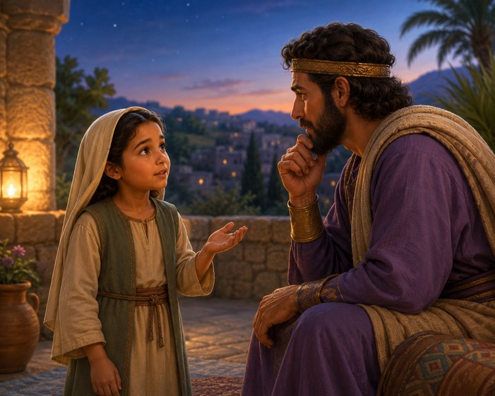 Warm child-friendly illustration for The Little Girl Who Spoke with Courage, a Bible story about Courage featuring The young servant girl of Naaman's household