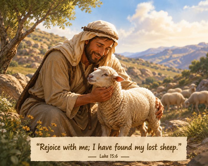 Warm child-friendly illustration for The Little Lost Sheep, a Bible story about God seeks and rejoices over His children