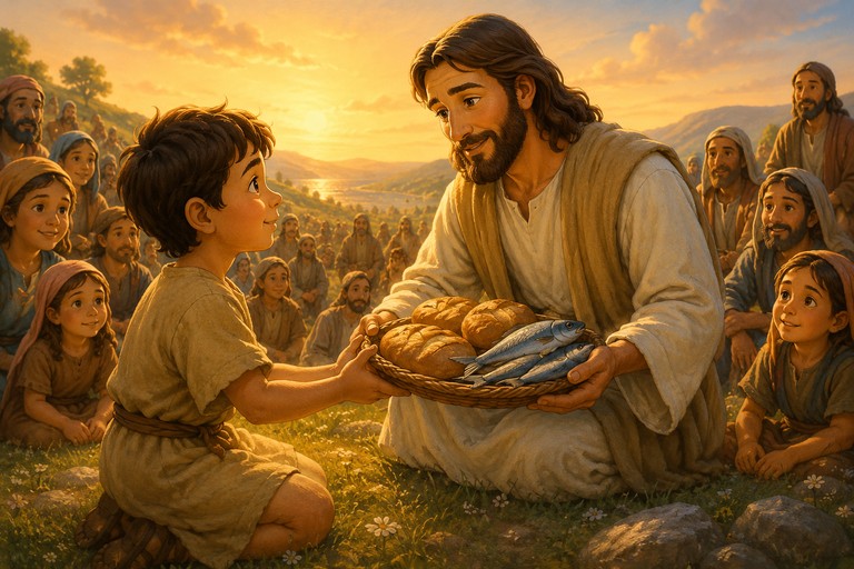 Warm child-friendly illustration for The Little Lunch That Became Enough, a Bible story about Trust featuring Jesus, the boy with five loaves and two fish