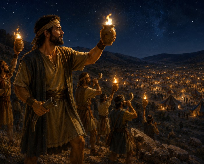 Gideon and his men trusting God's plan during the nighttime battle