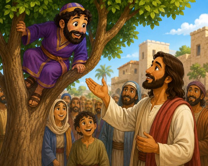 Warm child-friendly illustration for The Strong Branch, a Bible story about Zacchaeus and Jesus